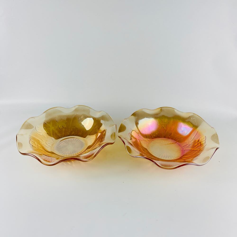 Two Jeanette Glass Peach Marigold Ruffle Bowls 9 1/2”